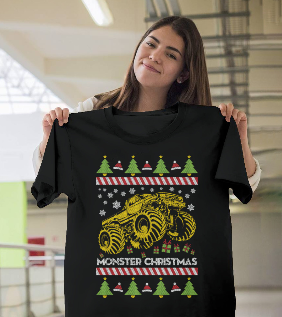 Monster Christmas Truck Ugly Sweater Style Holiday T-Shirt