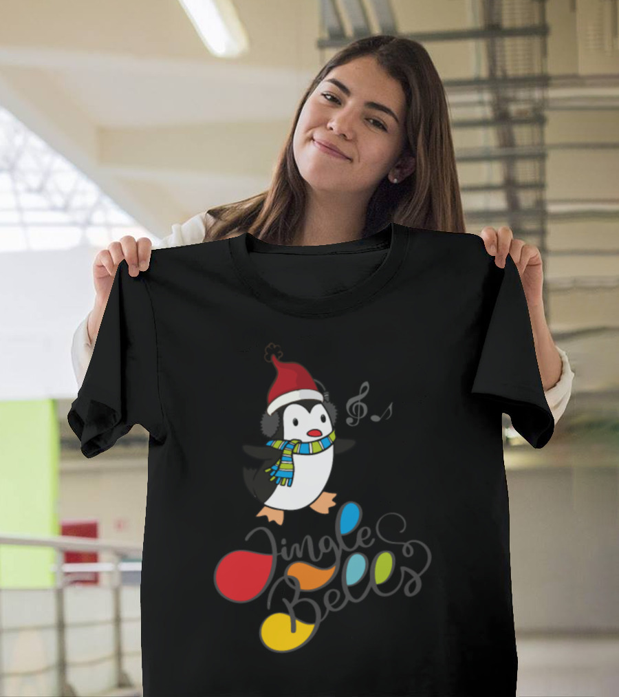 Jingle Bells Music Penguin Wearing Santa Hat and Scarf T-Shirt