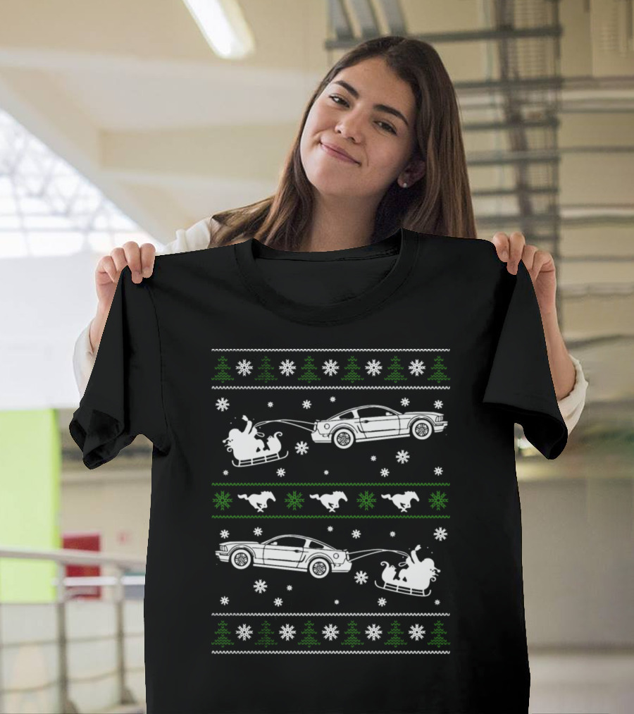 Mustang Christmas Car Pattern Santa Sleigh Snowflakes Trees T-Shirt