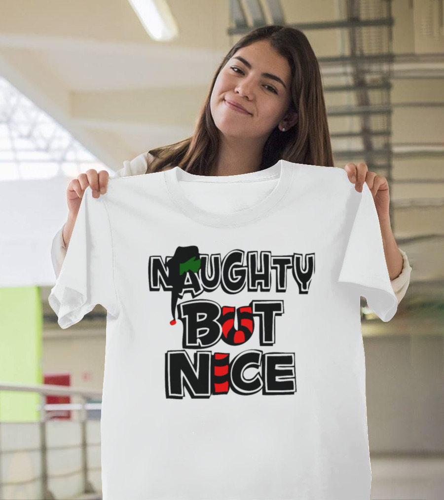 NAUGHTY BUT NICE Holiday Elf Hat and Striped Candy Cane Letters T-Shirt