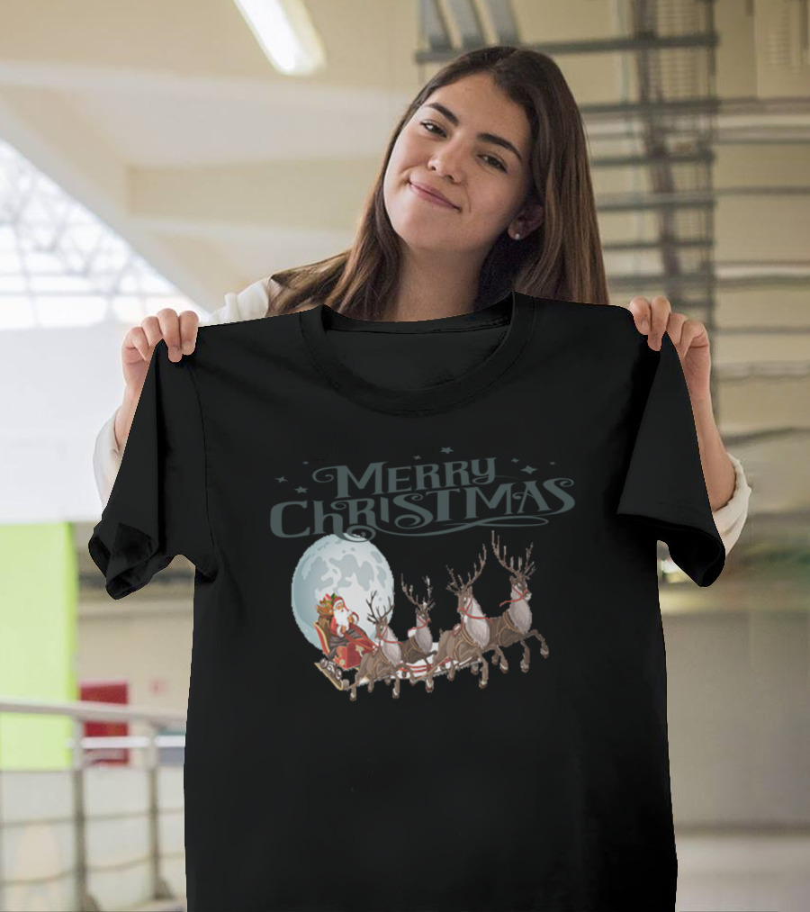 Merry Christmas Santa Sleigh Reindeer Moon T-Shirt