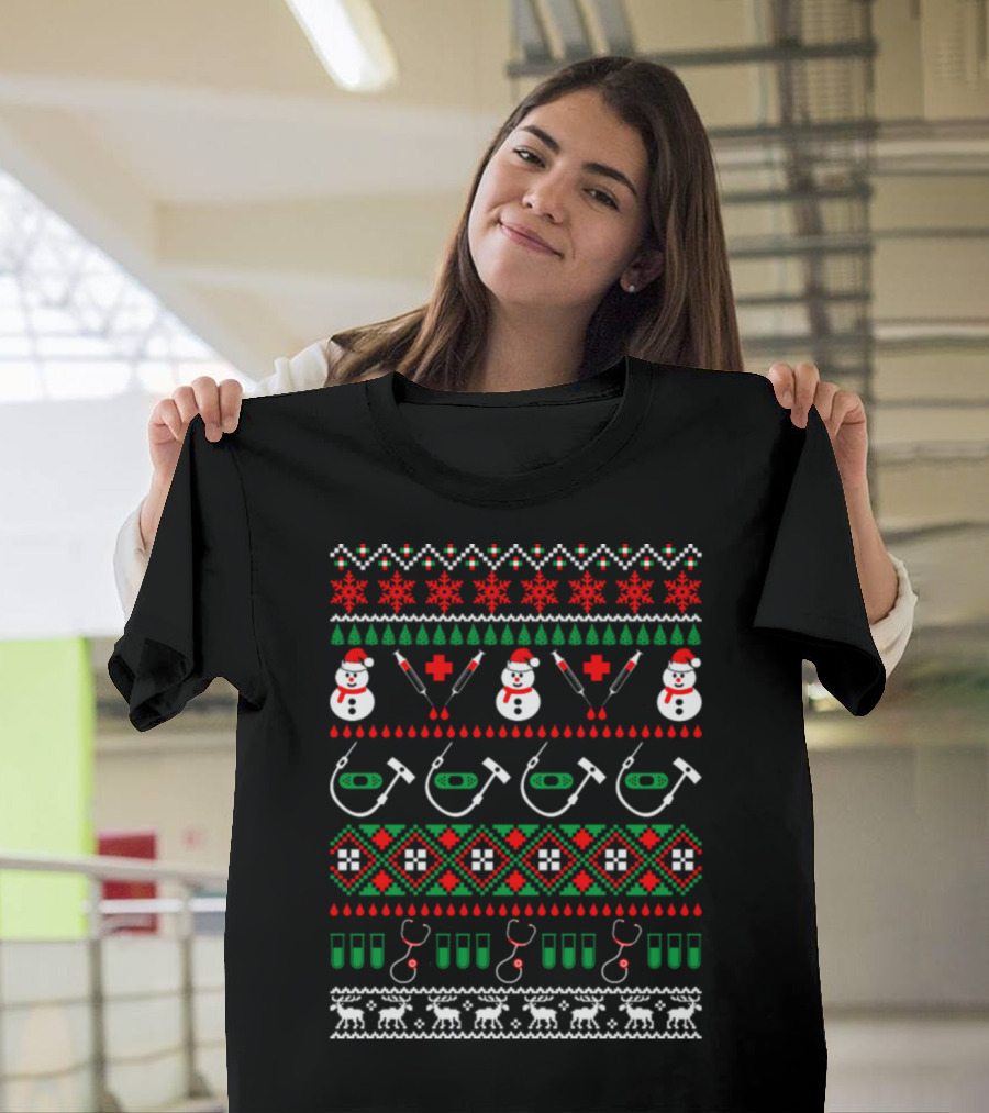 Nurse Doctor Medical Assistant Christmas Ugly Sweater Style Stethoscope Syringe Snowman T-Shirt