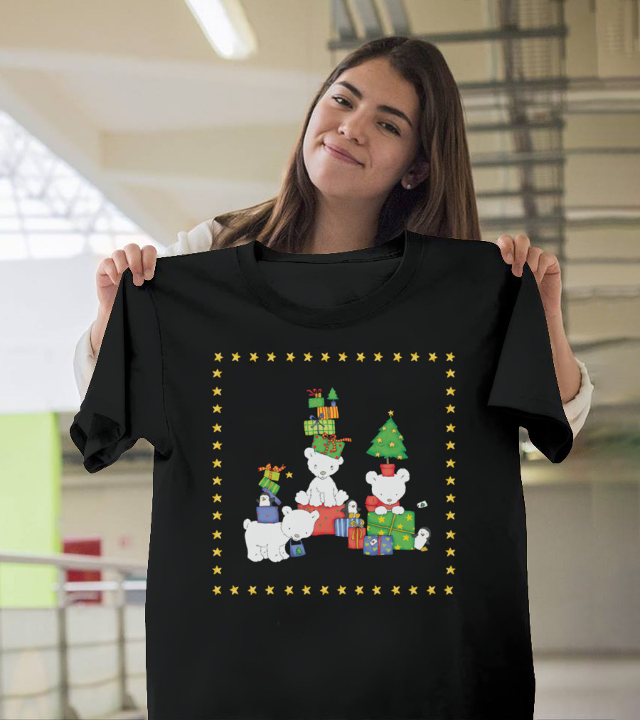 Polar Bears With Christmas Gifts and Stars T-Shirt