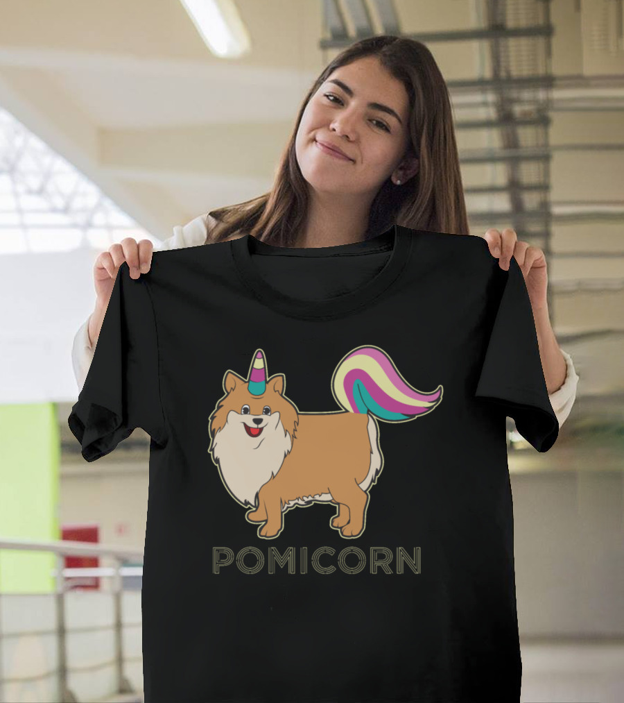 Pomicorn Fluffy Dog with Unicorn Horn and Rainbow Tail T-Shirt
