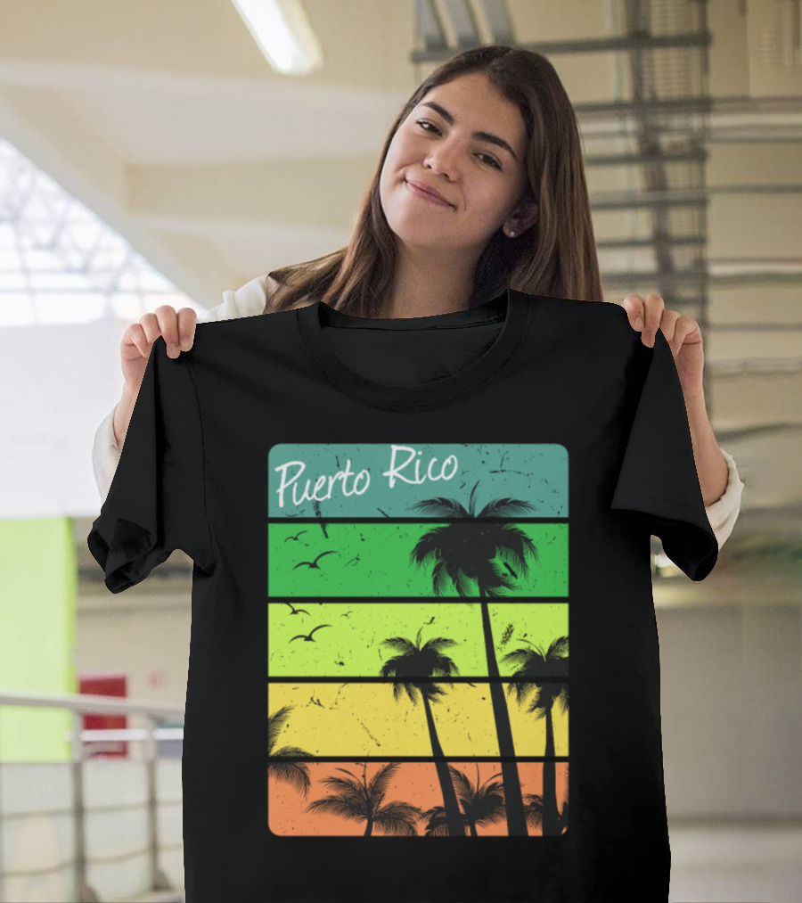 Puerto Rico Palm Trees Tropical Sunset Vintage Stripes T-Shirt