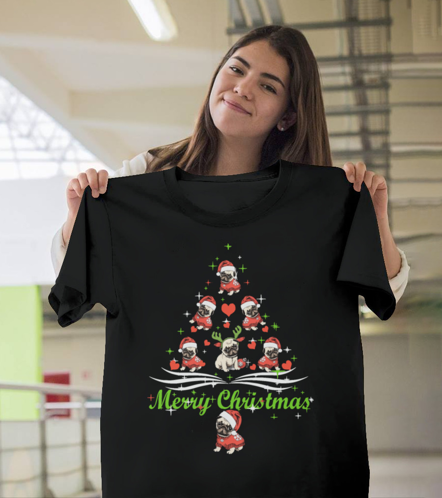 Merry Christmas Pug Reindeer Santa Hat Christmas Tree T-Shirt