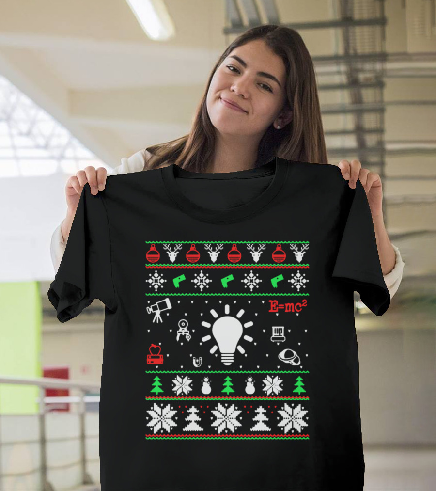 Christmas Physics Ugly Sweater Light Bulb E=mc² T-Shirt