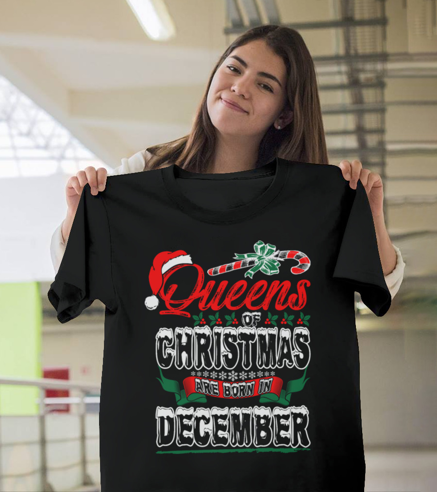 Queens Of Christmas Are Born In December Candy Cane Santa Hat Snowflakes T-Shirt