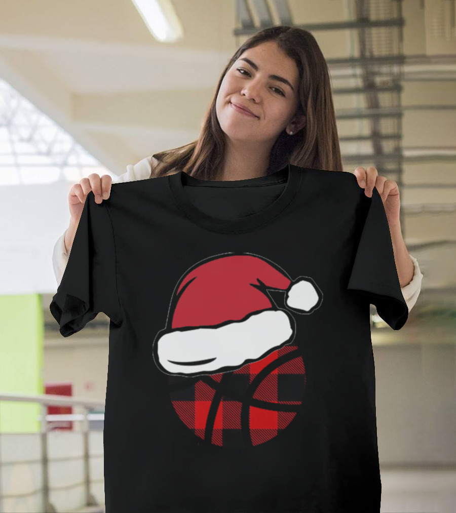 Red Buffalo Plaid Basketball Santa Hat T-Shirt