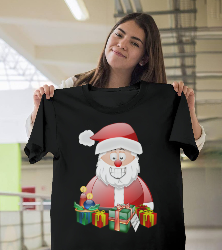 Santa Smiling with Candles and Do Not Open Until Xmas Tag T-Shirt