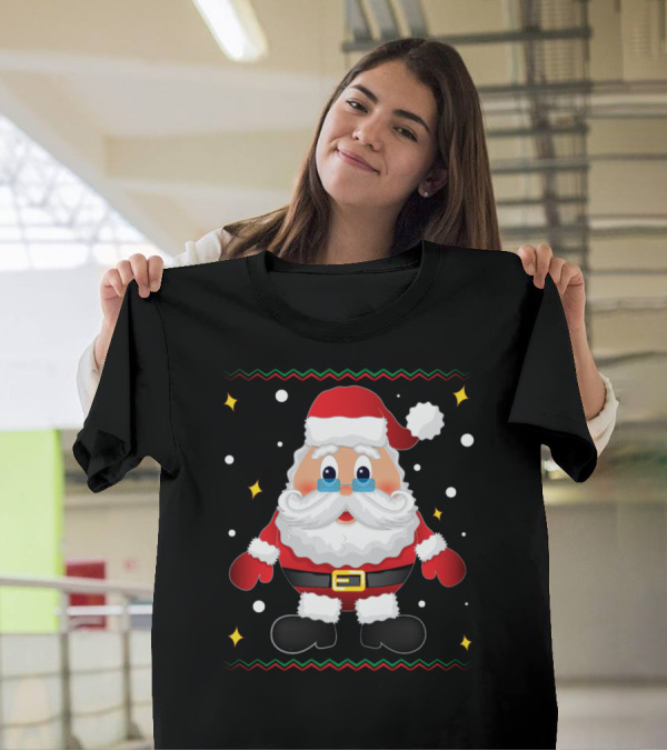 Santa Claus Merry Christmas Cute Cartoon Santa With Stars And Snowflakes T-Shirt