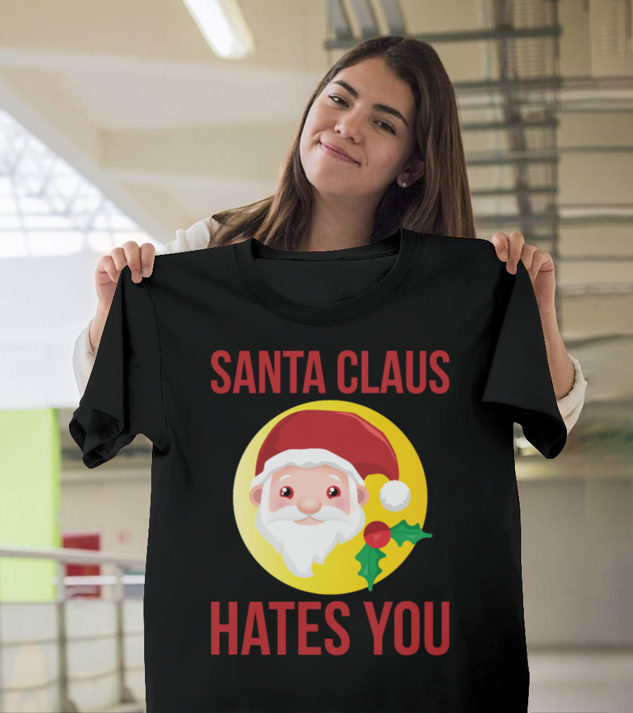 Santa Claus Hates You With Holly and Yellow Background T-Shirt