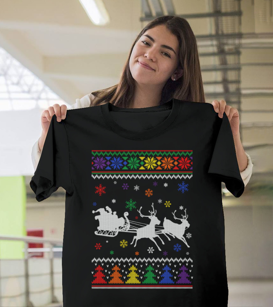 Santa Sleigh Reindeer Rainbow Ugly Christmas T-Shirt