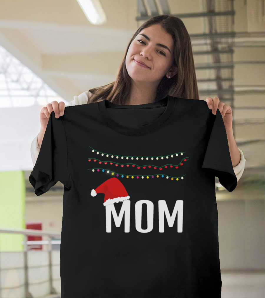 Santa Hat on Mom with Holiday Lights T-Shirt