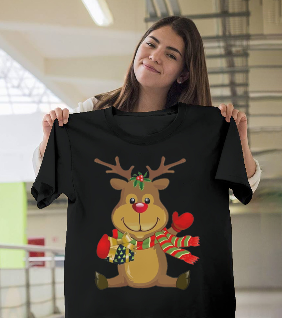 Sitting Reindeer Holding Christmas Package with Striped Scarf and Antlers T-Shirt