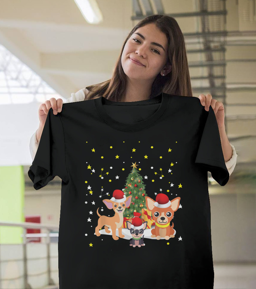 Chihuahua Christmas Tree Xmas Chihuahua Santa Hats Holiday Starry Night T-Shirt