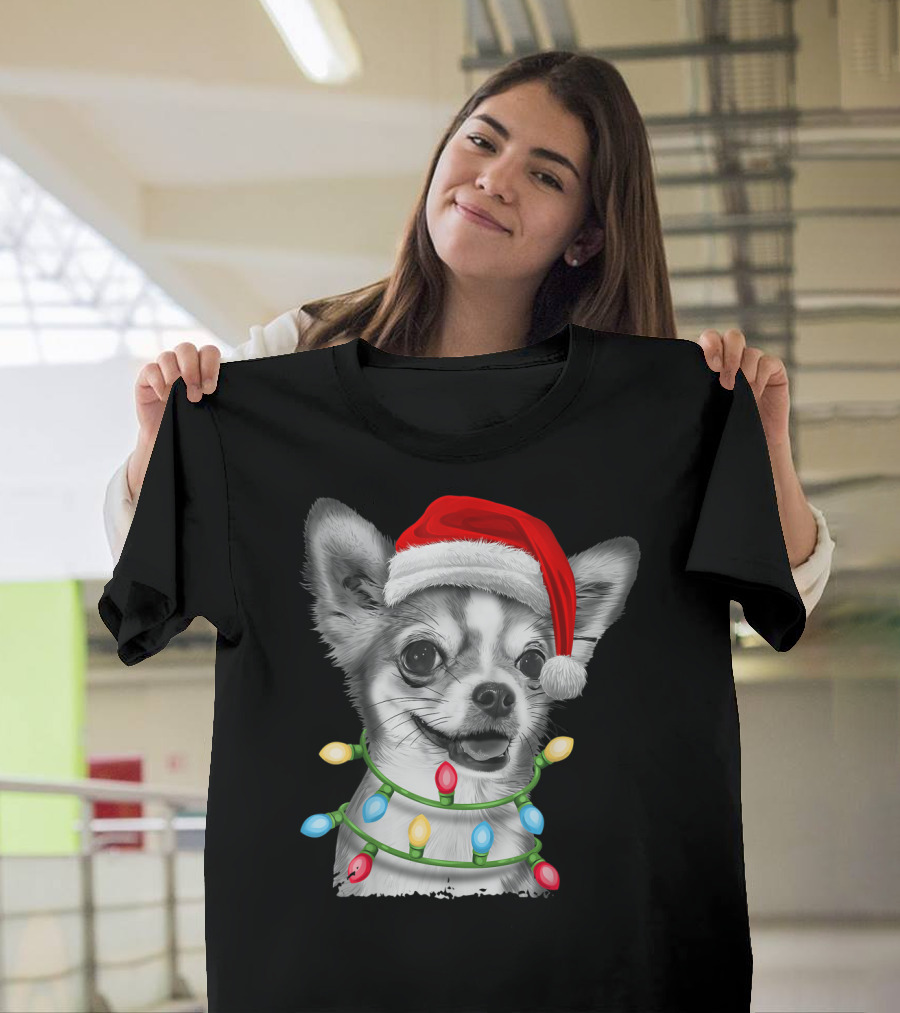 Chihuahua Santa Hat Wrapped in Christmas Tree Lights T-Shirt