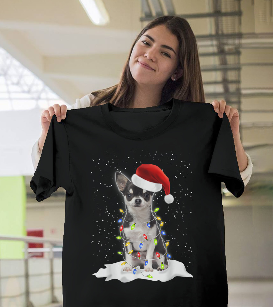 Naughty Chihuahua Christmas Fairy Lights Santa Hat Snowfall T-Shirt