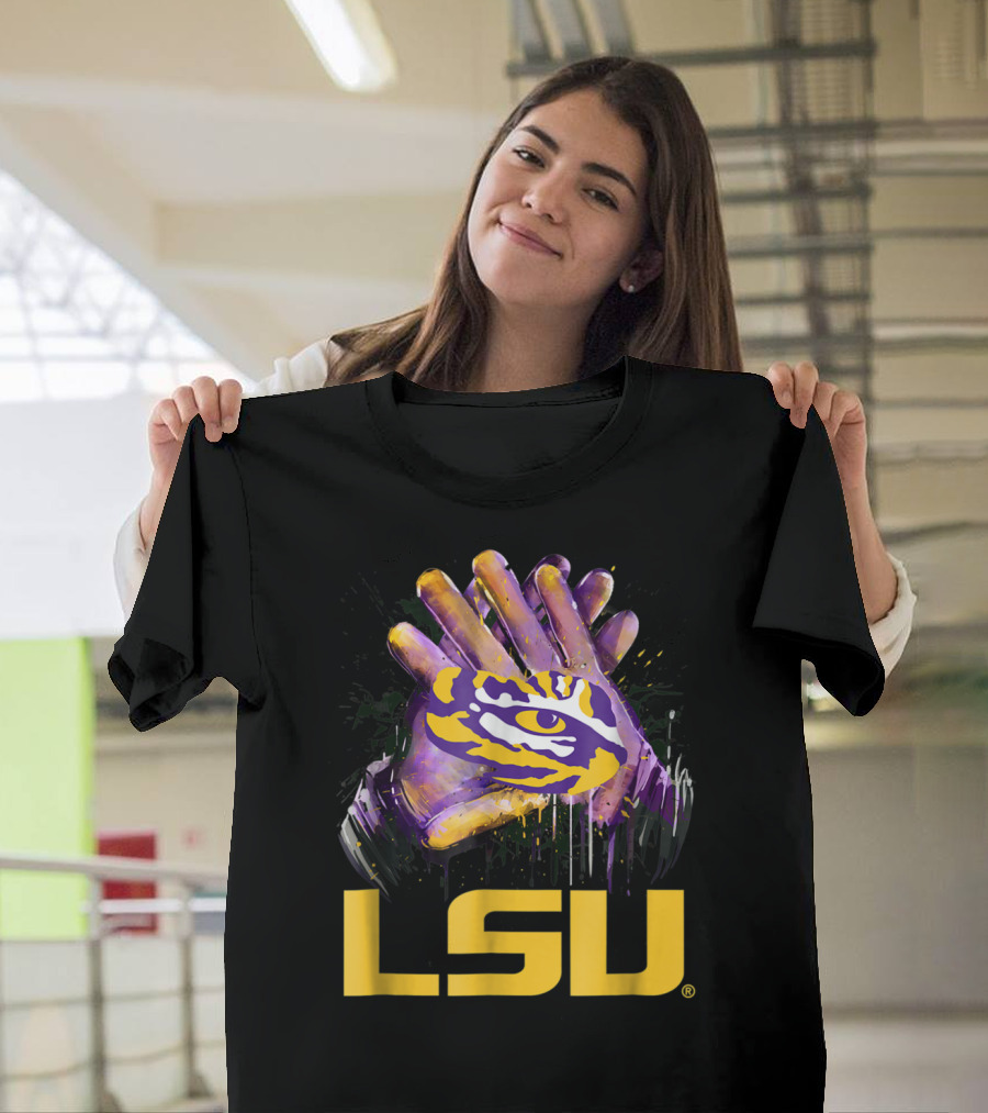 LSU Tigers Eye Logo on Purple and Gold Football Gloves T-Shirt