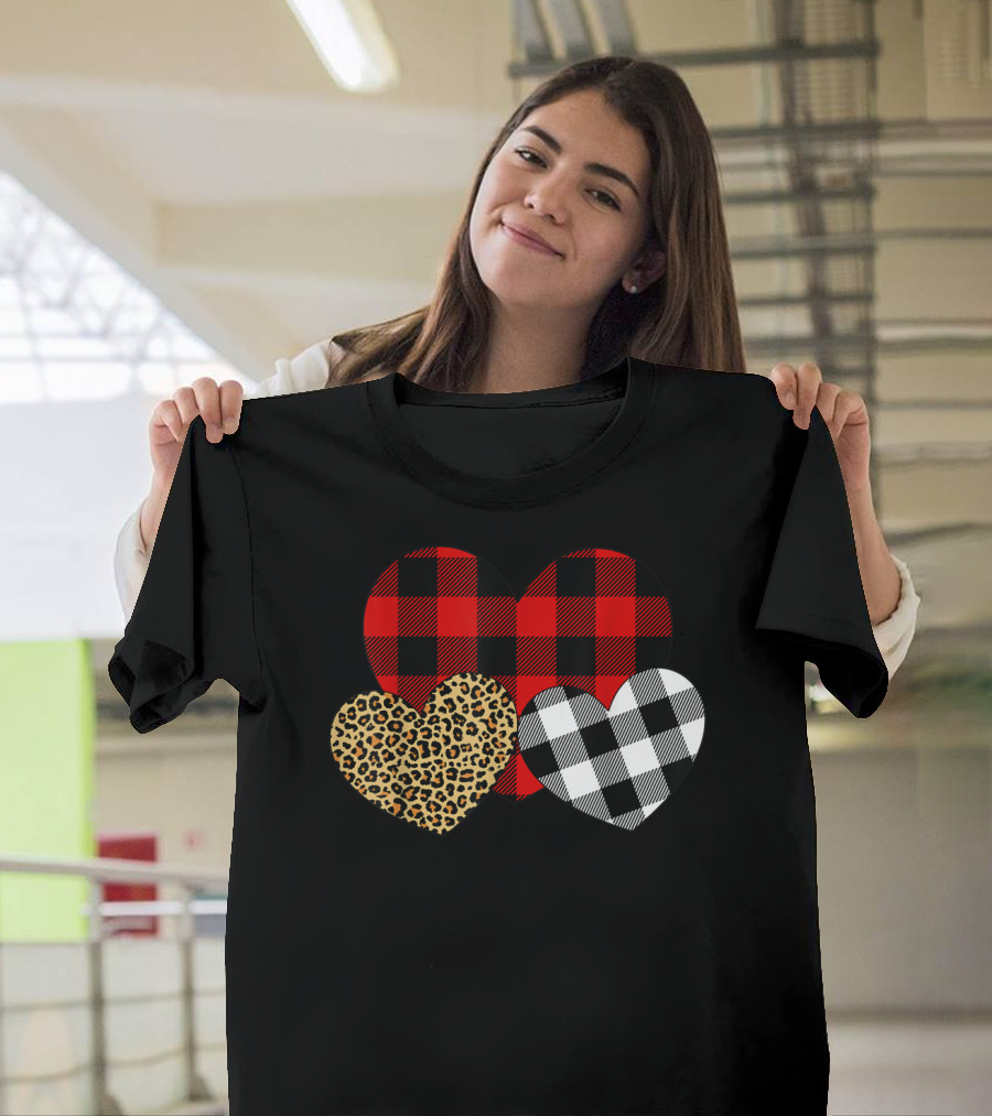 Happy Valentine Day Three Hearts Leopard Buffalo Plaid Checkerboard T-Shirt