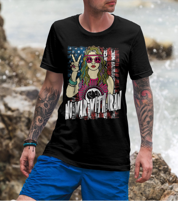 No War With Iran Peace Sign Hippie Style American Flag Background T-Shirt