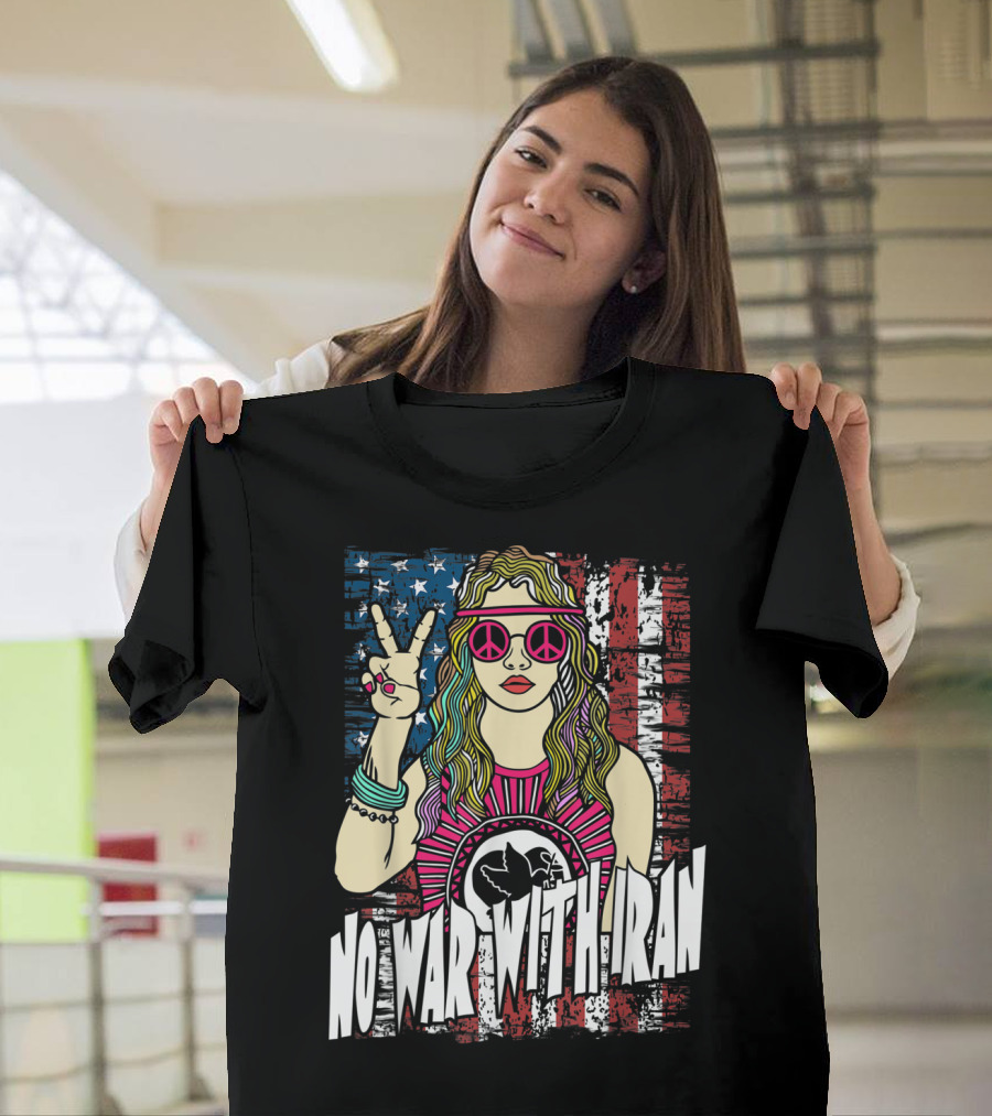 No War With Iran Peace Sign Hippie Style American Flag Background T-Shirt