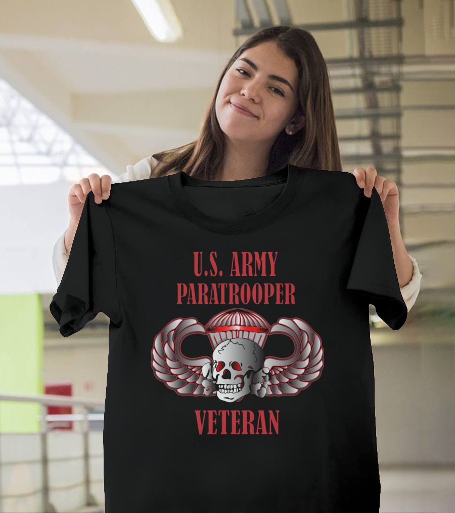 U.S. Army Paratrooper Veteran Skull Wings Badge T-Shirt