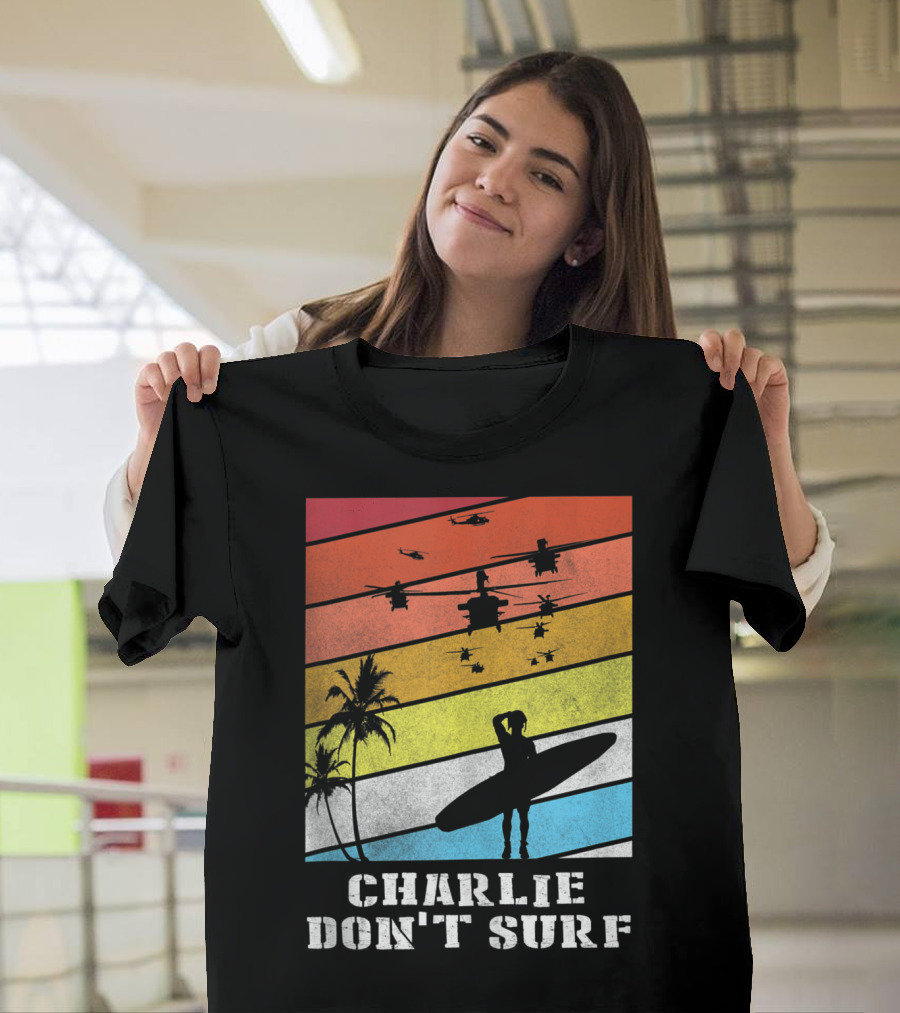 Charlie Don't Surf Vietnam War Silhouette with Palm Trees and Helicopters T-Shirt