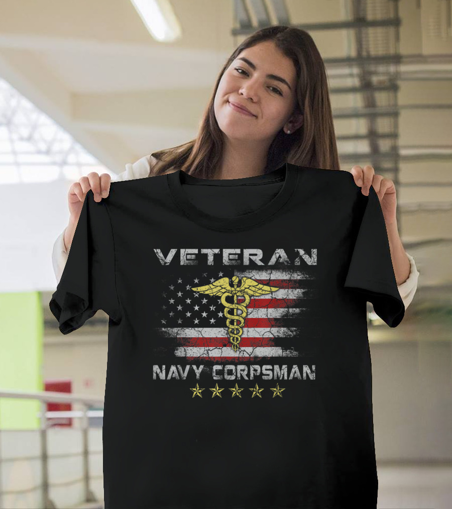 Veteran Navy Corpsman Caduceus Stars American Flag T-Shirt