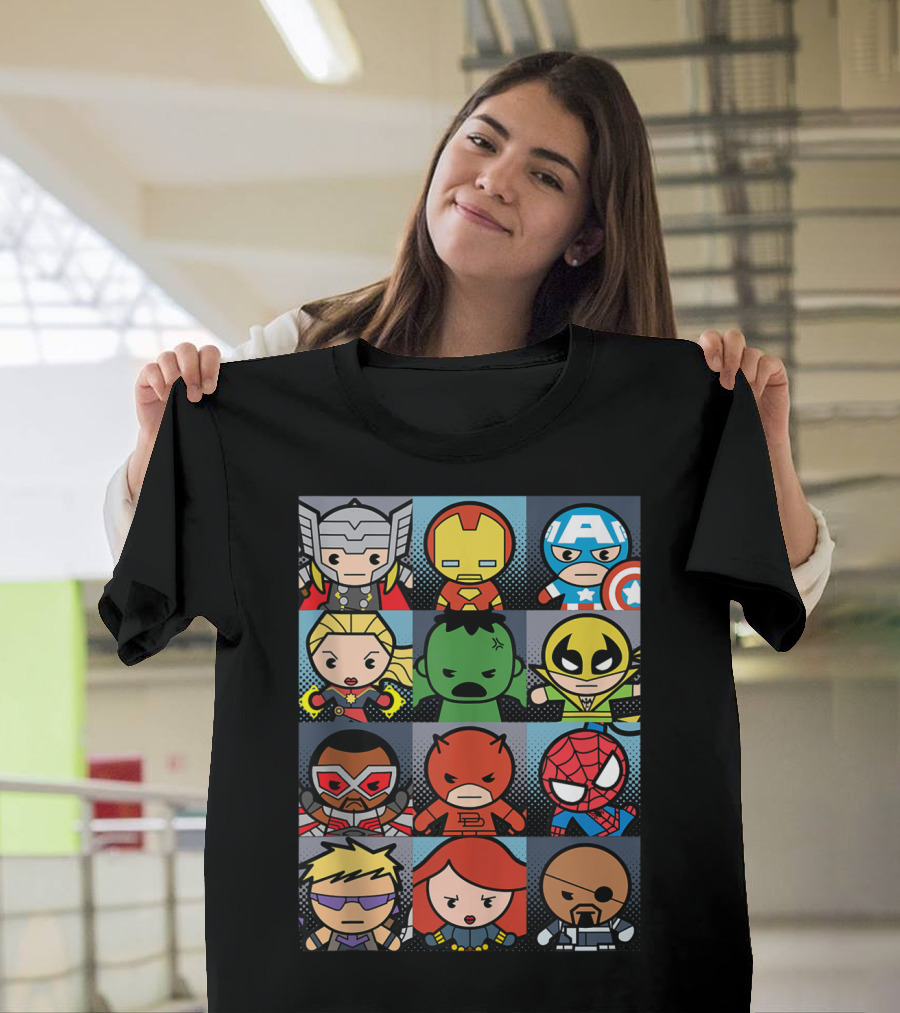 Marvel Avengers Kawaii Portrait Grid Thor Iron Man Captain America Black Widow Hulk Daredevil Spider-Man T-Shirt