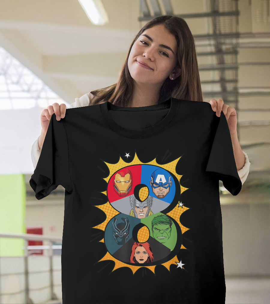 Marvel Avengers Comic Super Heroes Iron Man Captain America Thor Black Panther Black Widow Hulk 8th T-Shirt