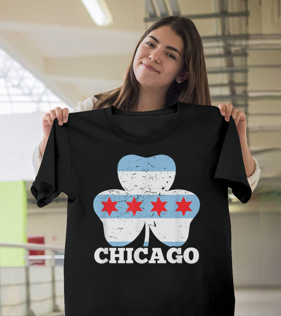 Chicago St Patrick's Day Clover with Chicago Flag Stars T-Shirt