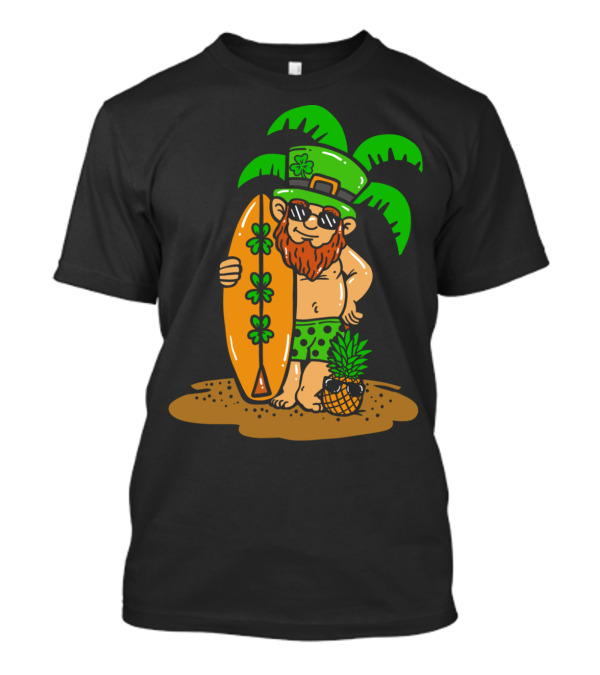 Hawaiian Leprechaun With Shamrock Surfboard Under Palm Trees For Saint Patrick's Day T-Shirt