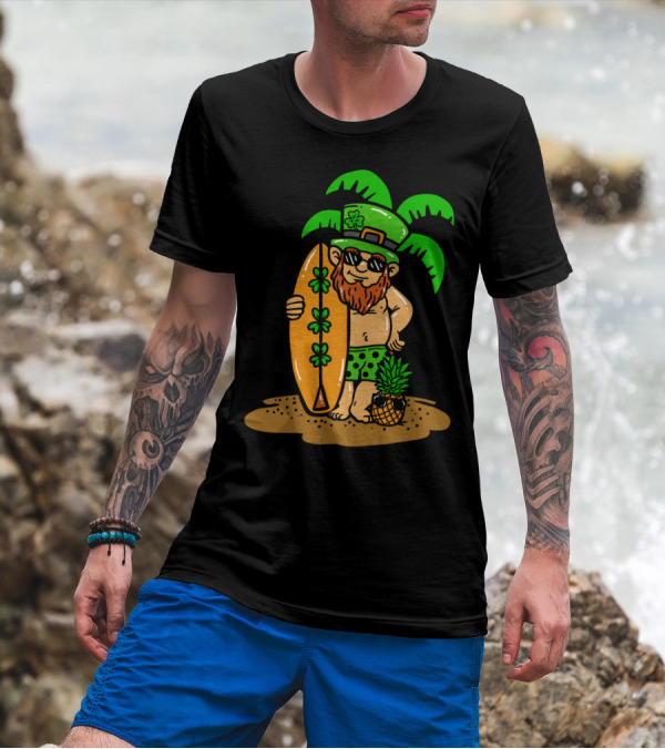 Hawaiian Leprechaun With Shamrock Surfboard Under Palm Trees For Saint Patrick's Day T-Shirt
