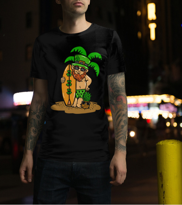Hawaiian Leprechaun With Shamrock Surfboard Under Palm Trees For Saint Patrick's Day T-Shirt