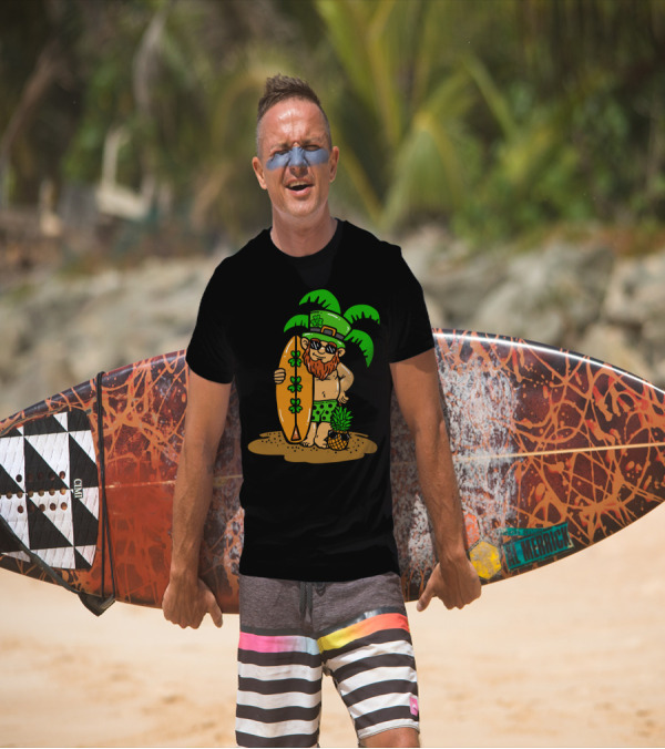 Hawaiian Leprechaun With Shamrock Surfboard Under Palm Trees For Saint Patrick's Day T-Shirt