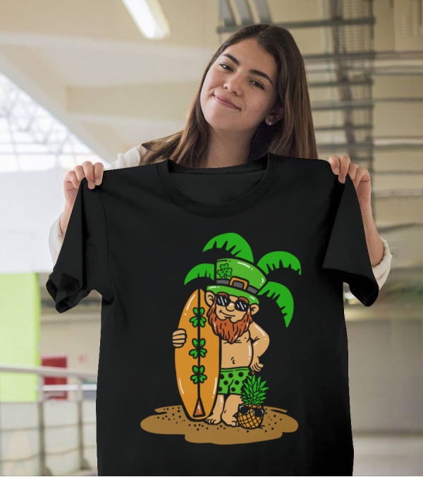 Hawaiian Leprechaun With Shamrock Surfboard Under Palm Trees For Saint Patrick's Day T-Shirt