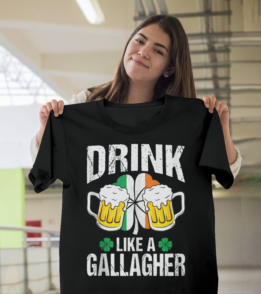 Drink Like A Gallagher Irish Flag Beer Mugs Shamrocks T-Shirt