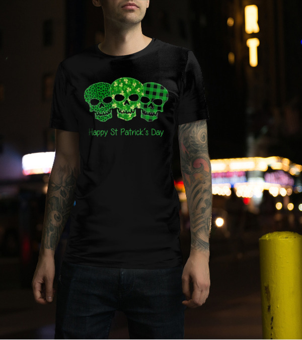Happy St Patrick's Day Leopard Plaid Shamrock Skulls T-Shirt