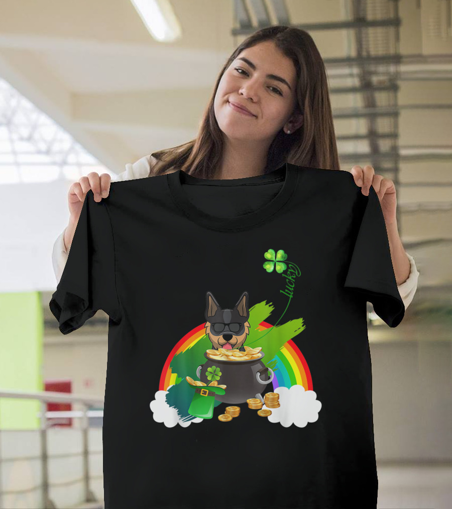 Lucky Shamrock Australian Cattle Dog with Pot of Gold and Rainbow T-Shirt