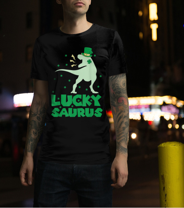 Lucky Saurus Dinosaur With Shamrock Hat And Irish Charm T-Shirt