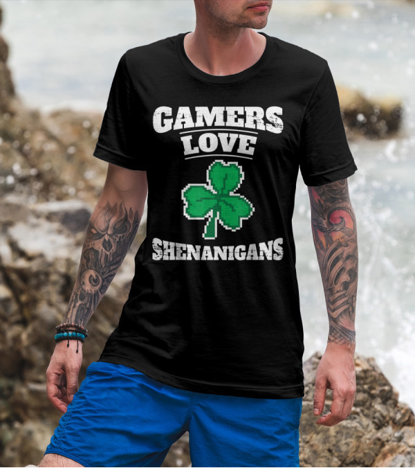 Gamers Love Shenanigans Pixel Shamrock T-Shirt