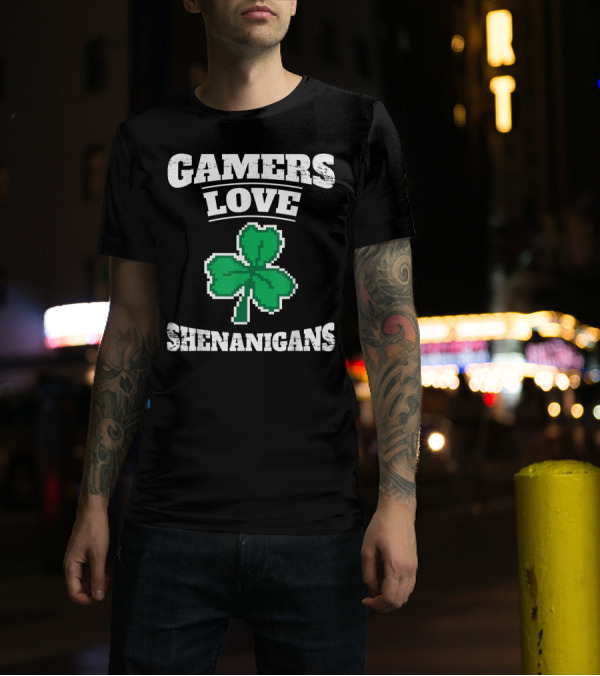 Gamers Love Shenanigans Pixel Shamrock T-Shirt