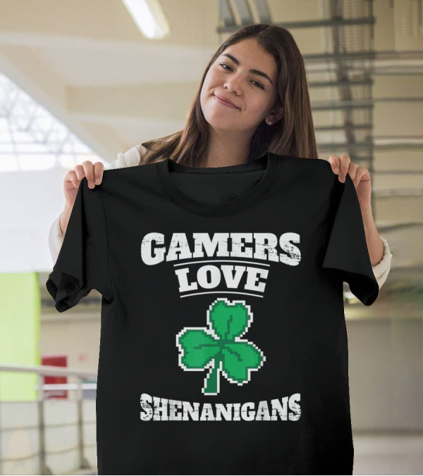 Gamers Love Shenanigans Pixel Shamrock T-Shirt