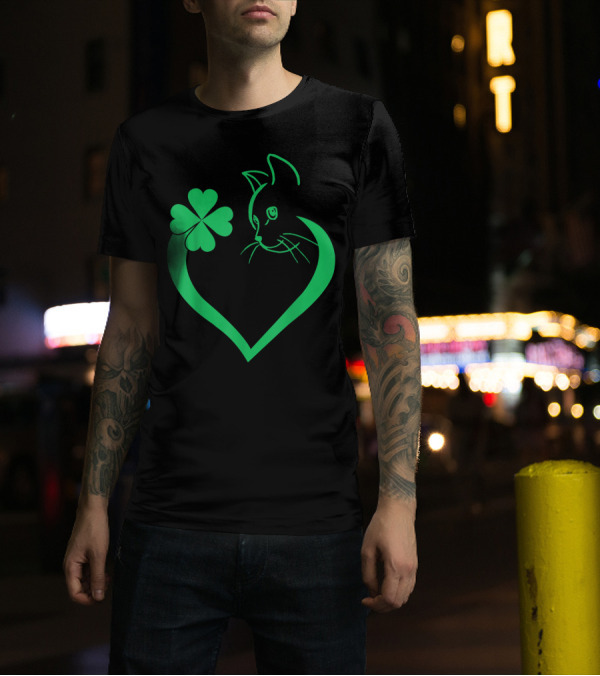 Cat Shamrock Heart Embrace St Patrick's Day Cat Lover T-Shirt