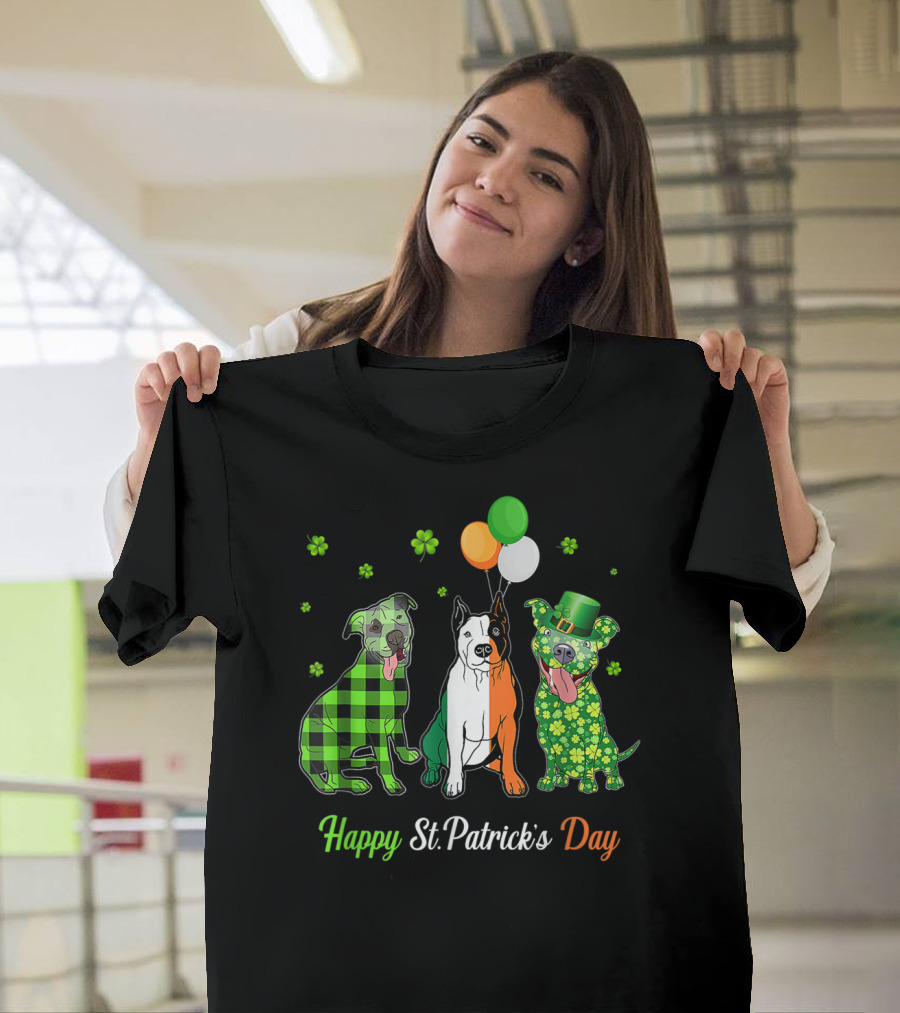 Happy St. Patrick's Day Irish Flag Three Pitbull Dogs T-Shirt