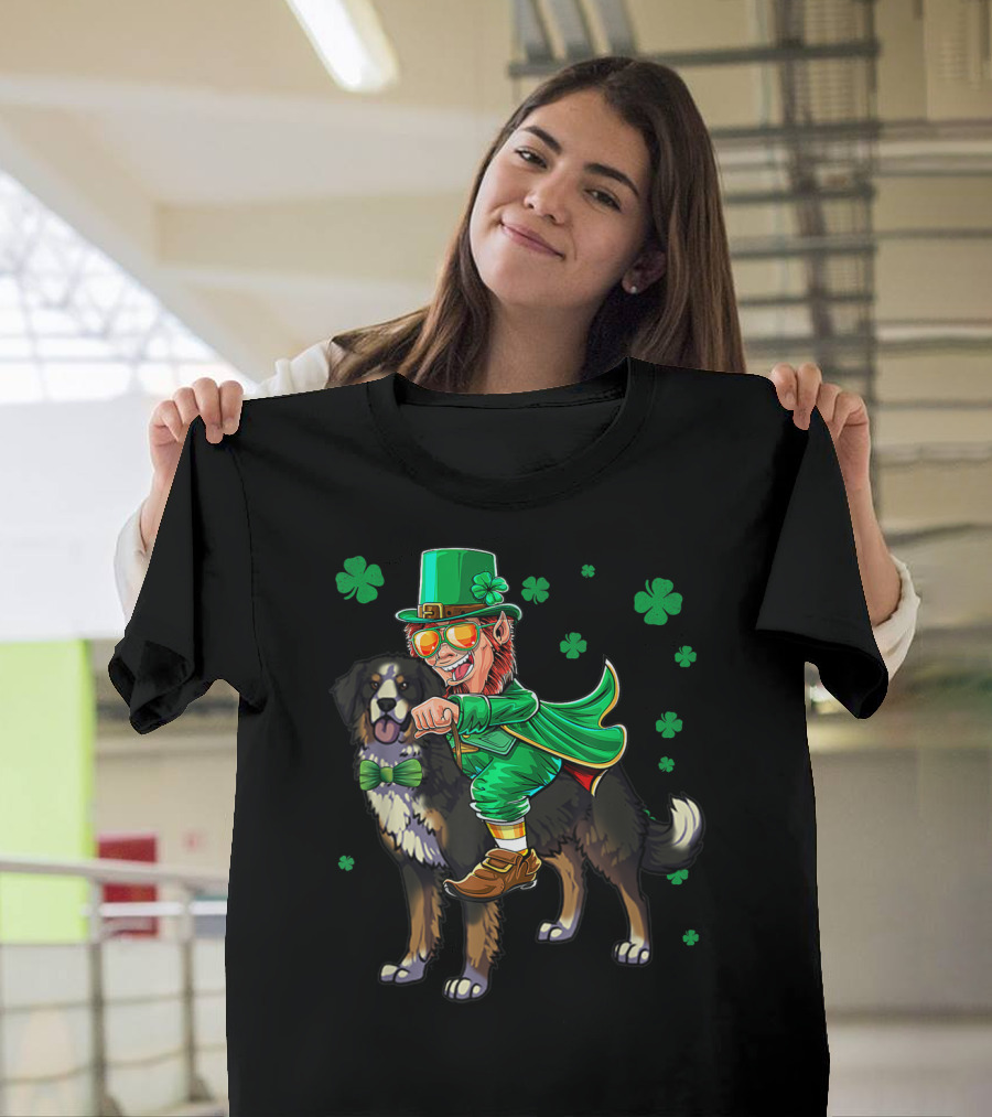 Leprechaun Riding Bernese Mountain Dog with Shamrocks T-Shirt