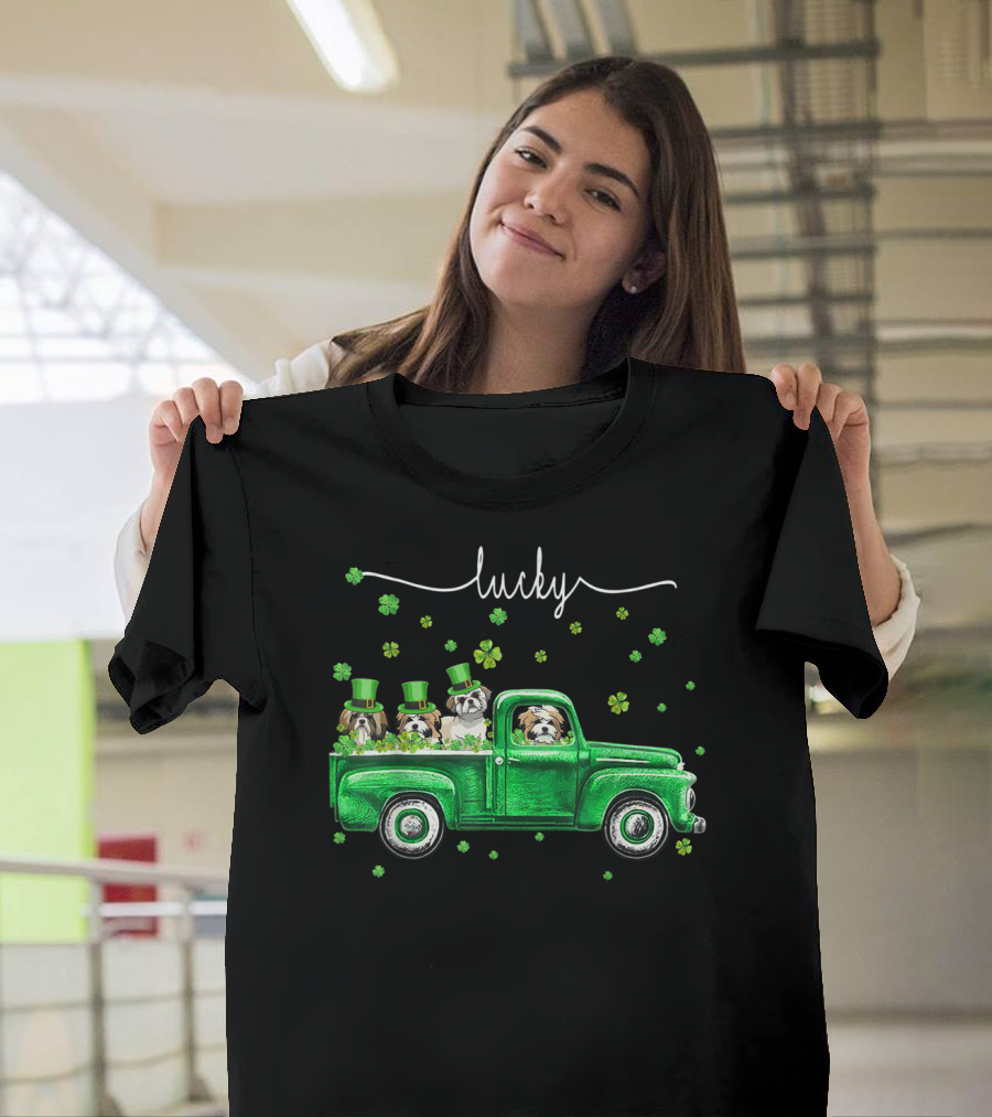 Lucky Shih Tzu Dogs in Green Truck with Shamrocks Saint Patrick's Day T-Shirt