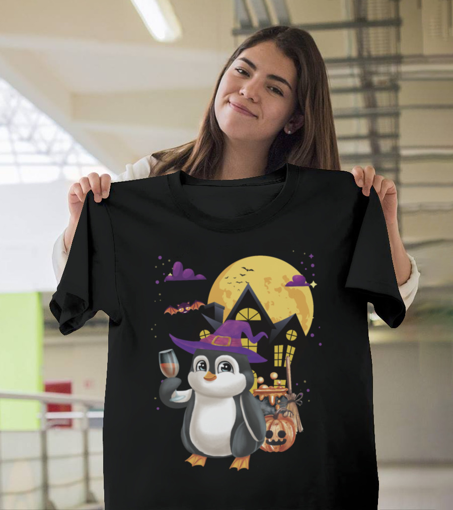 Penguin Wine Witch Pumpkin Halloween Party Haunted House Moon Bat Clouds T-Shirt