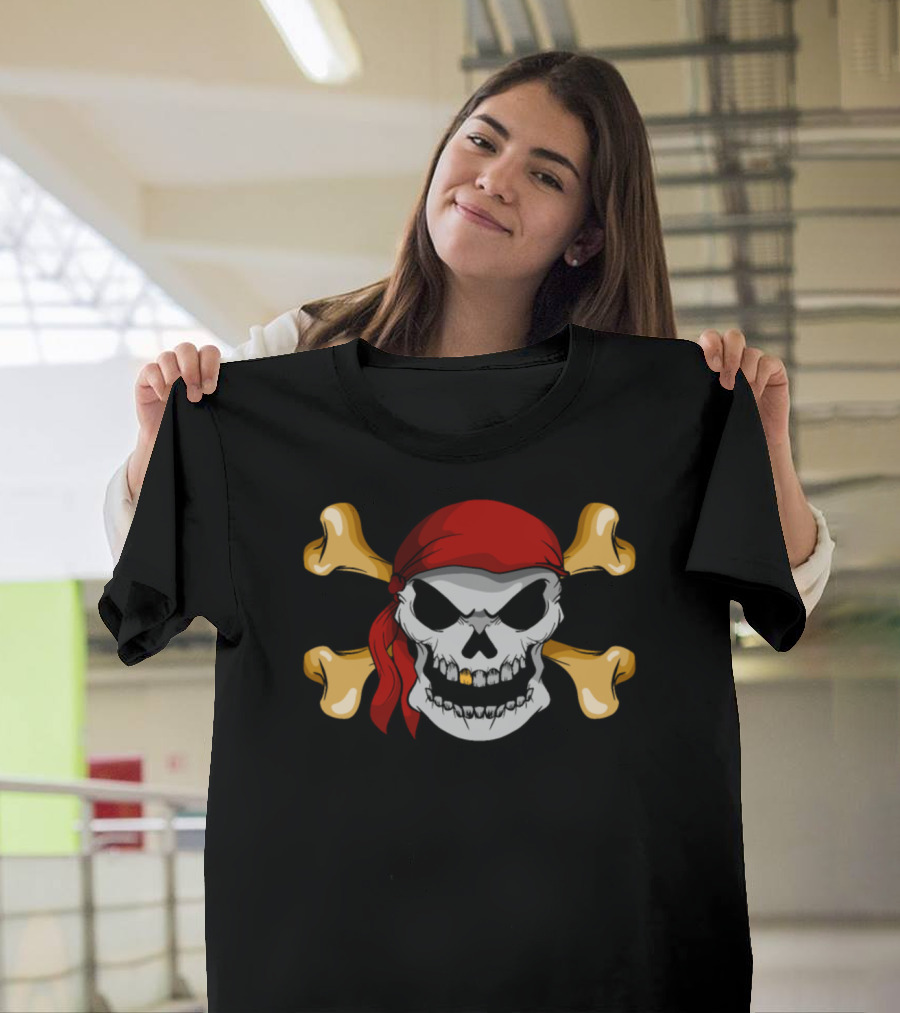 Pirate Skull And Crossbones with Red Bandana and Golden Teeth T-Shirt